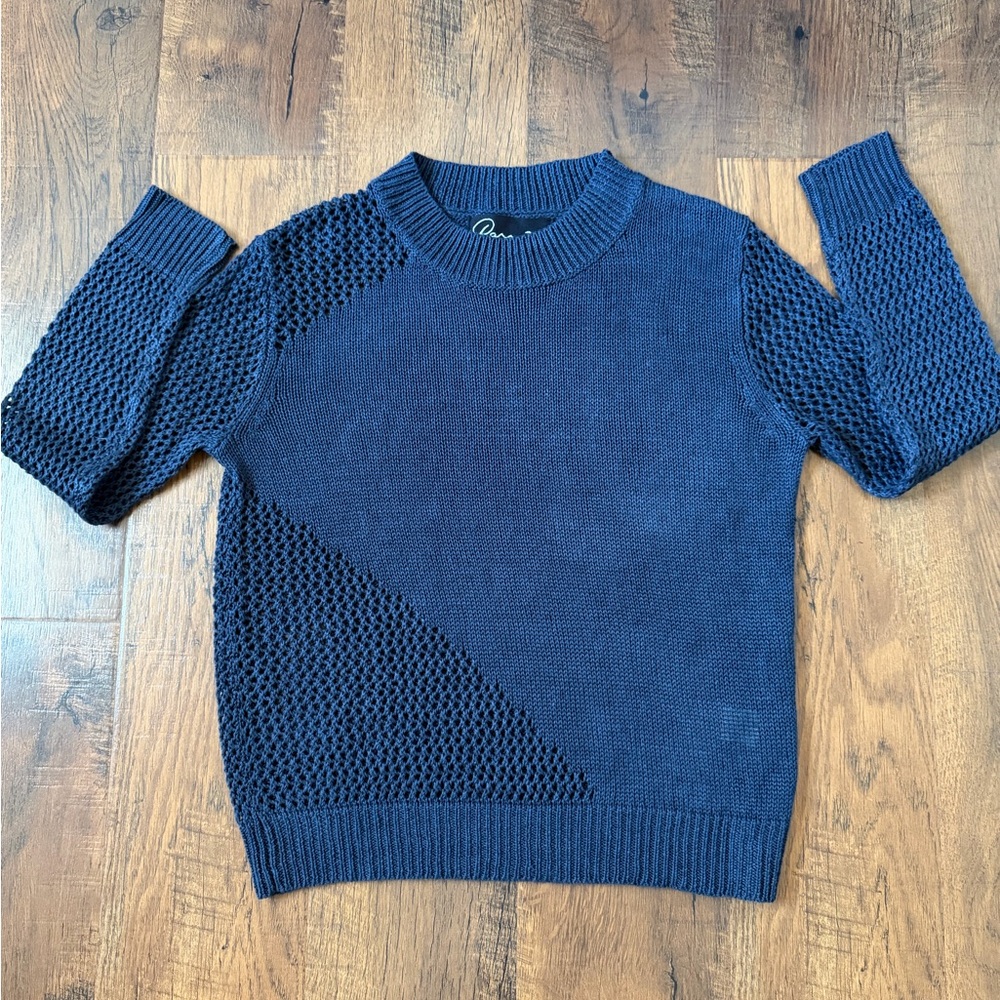 parrish Asymmetric Open Knit Pullover Sweater Women Size XS  Navy 100% Linen